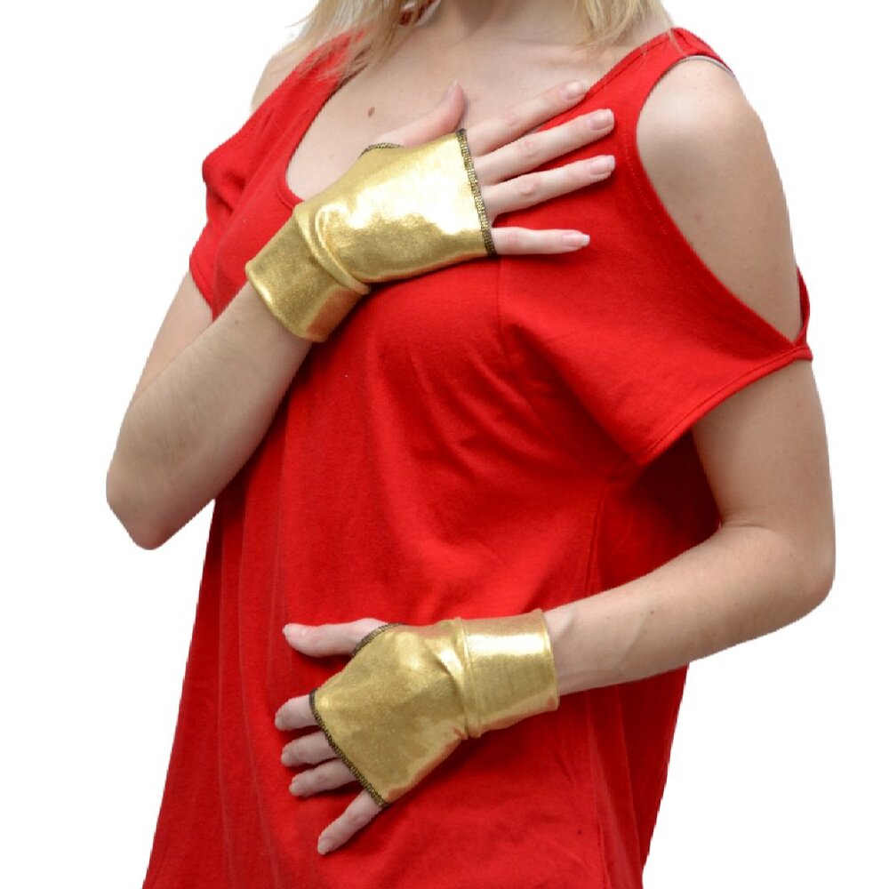 Gold Metallic Fingerless Gloves Wrist Length Shiny Arm Cuffs Mens Cyber Costume - Picture 1 of 1